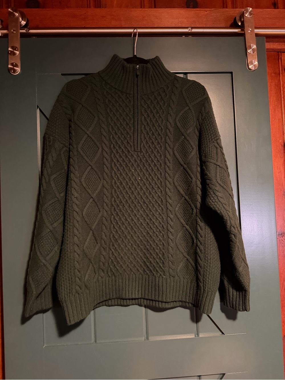 L.L. Bean Olive Green Cable-Knit Quarter-Zip Sweater